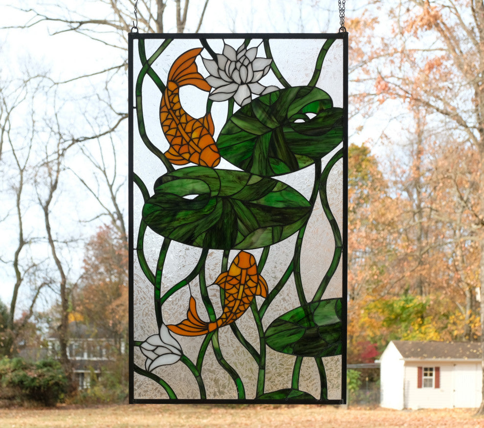 20.25" x 34.5" Fish Play Lotus Leaf Tiffany Style glass window panel