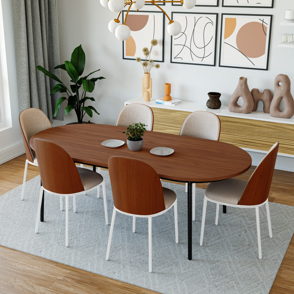 LeisureMod Tule Dining Chair with White Frame Set of 2, Walnut/Beige