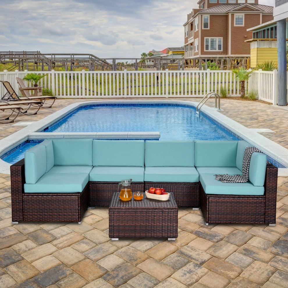 7-Piece Outdoor Wicker U-Shaped Patio Sofa Set with Table and Cushions, Teal Blue+brown