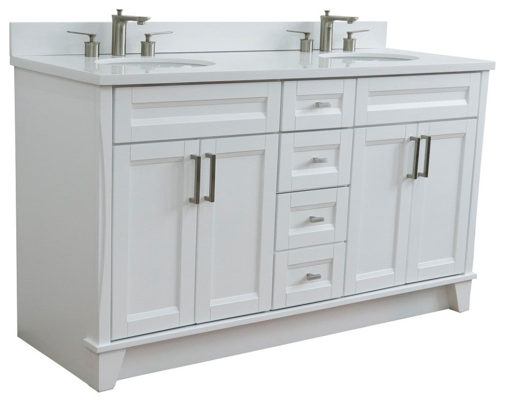 61" Double Sink Vanity, White Finish And Engineered Stone Top And Oval Sink