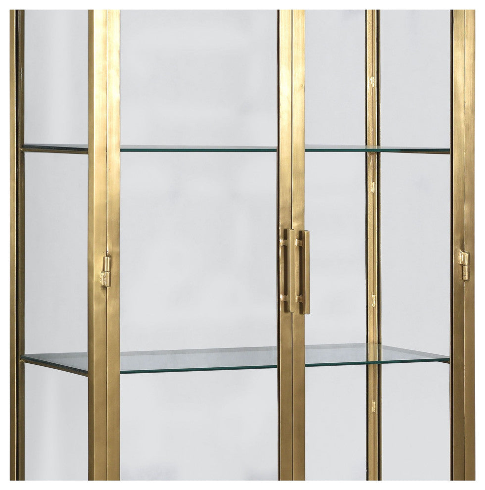 Carley 84" Tall Narrow Brass Finished Iron and Glass Display Cabinet
