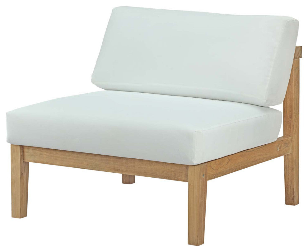 Sectional Sofa Chair Table Set, White Natural, Teak Wood, Modern, Outdoor Patio