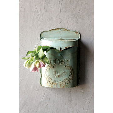Embossed Tin Post Box, Distressed Finish, Aqua