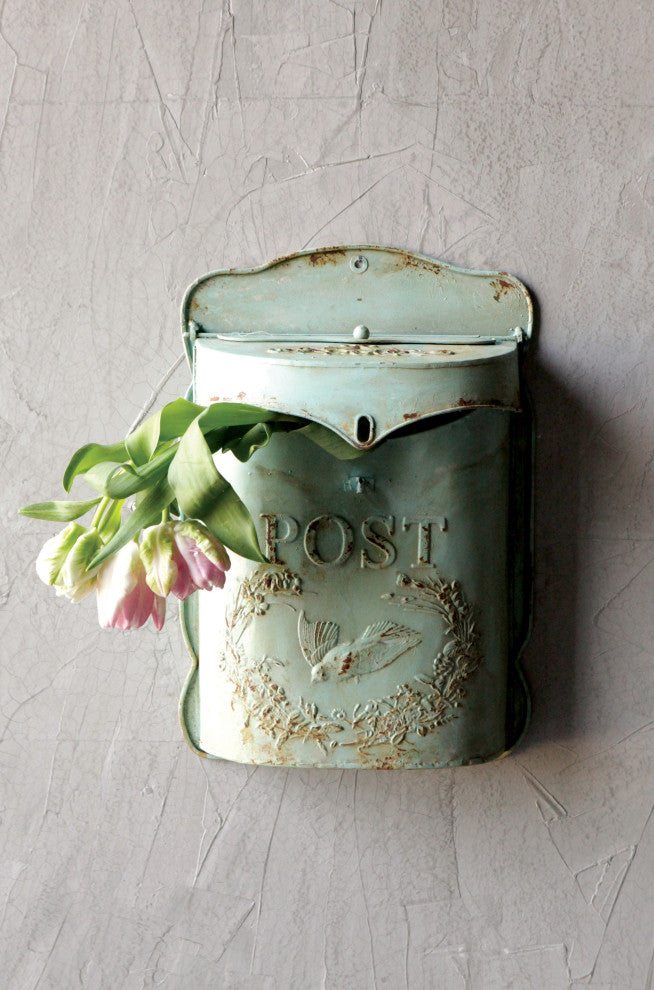 Embossed Tin Post Box, Distressed Finish, Aqua