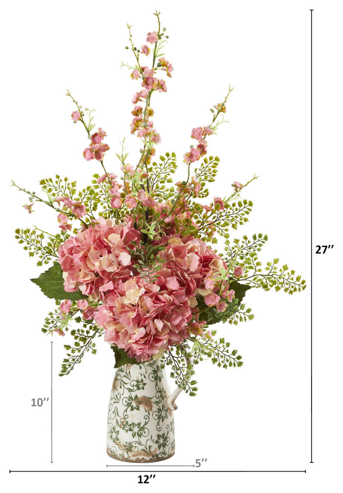27" Cherry Blossom, Hydrangea and Maiden Hair Faux Arrangement, Floral Pitcher