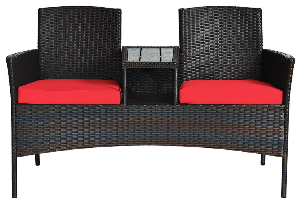 Costway Patio Rattan Loveseat Sofa Cushioned Coffee Table Red
