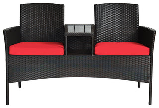 Costway Patio Rattan Loveseat Sofa Cushioned Coffee Table Red