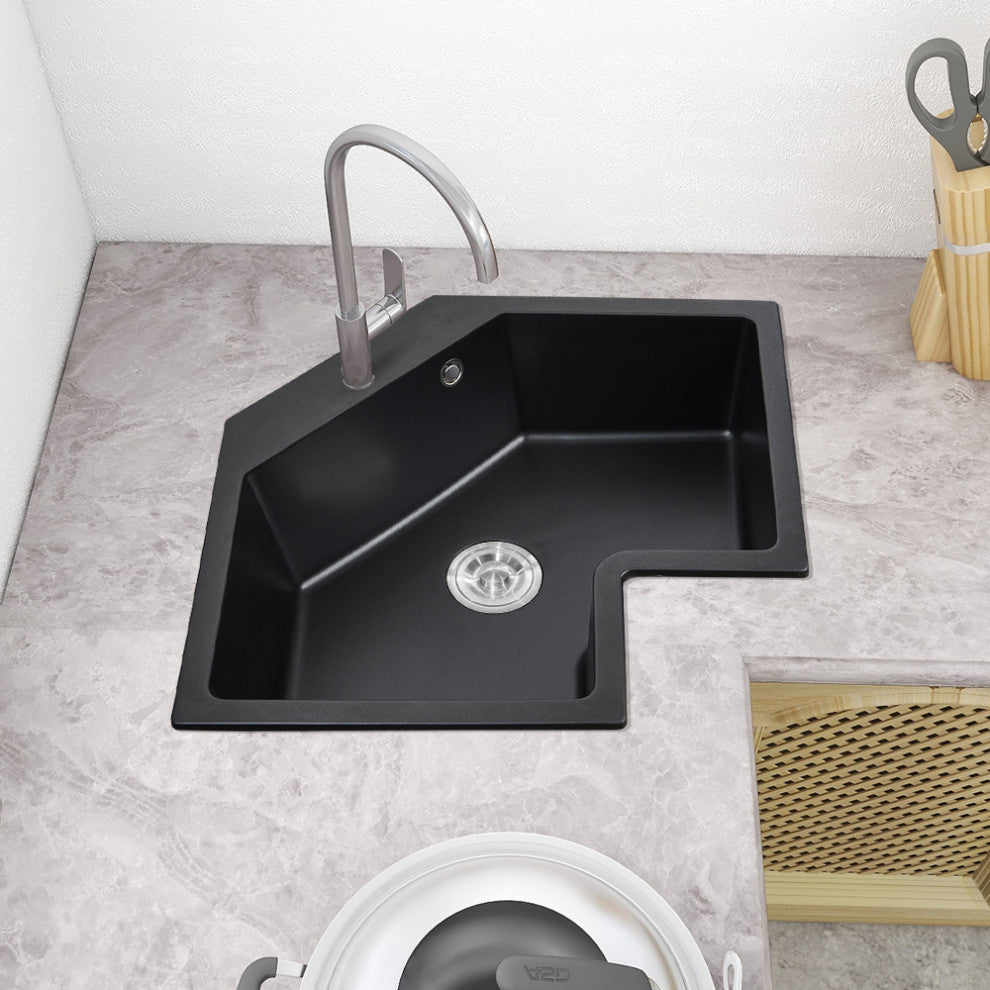 25" Drop In Corner Kitchen Sink Modern Single Bowl Quartz Irregular Sink, Black