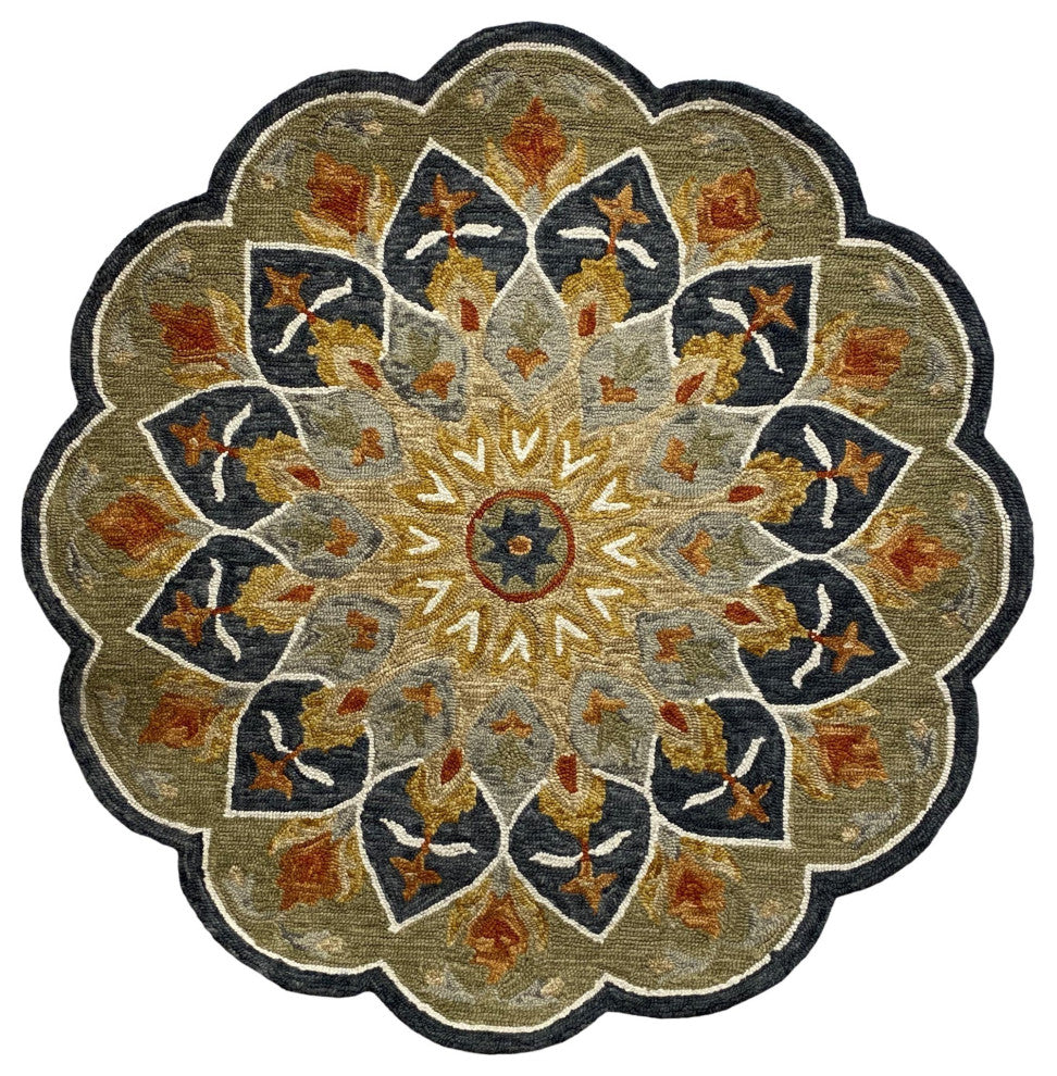 5" Round Charcoal Floral Medallion Area Rug