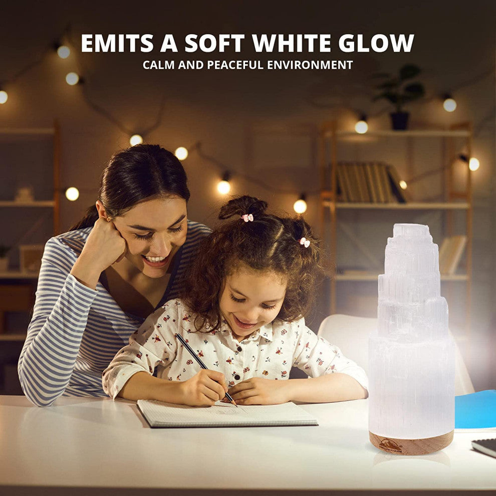 Selenite Crystal Lamp,  Includes USB Cable & Wooden Base LED Light, 7 to 9"