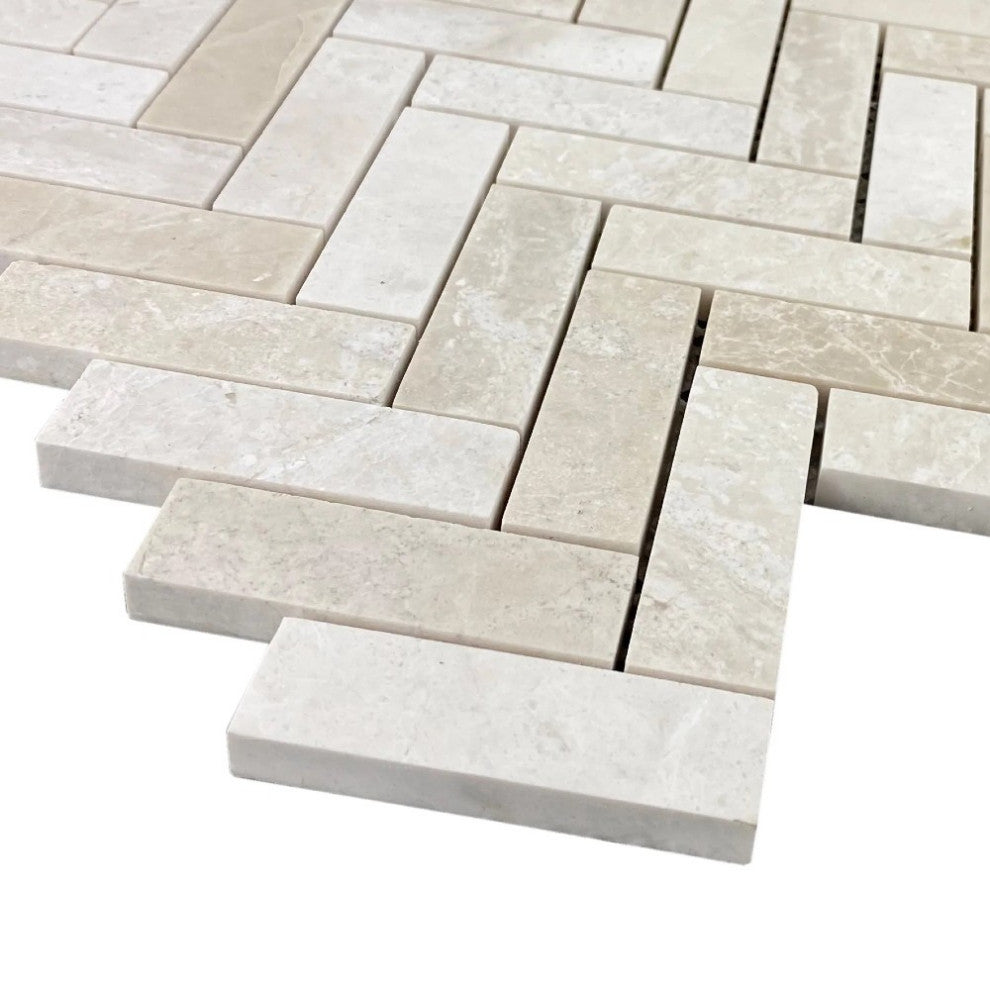 Vanilla Beige 1"x3" Herringbone on 12" x 12" Mesh Mosaic Tile (10 sqft per box)