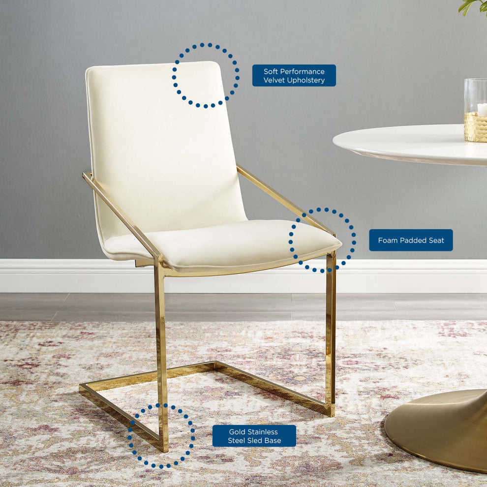Side Dining Chair, Velvet, Metal, Gold Ivory White, Modern, Bistro Restaurant
