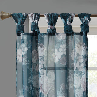 Madison Park Simone Printed Floral Twist Tab Top Voile Sheer Curtain, Navy