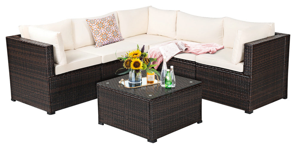 Costway  6PCS Patio Rattan Furniture Set Sectional Cushioned Sofa Deck Beige