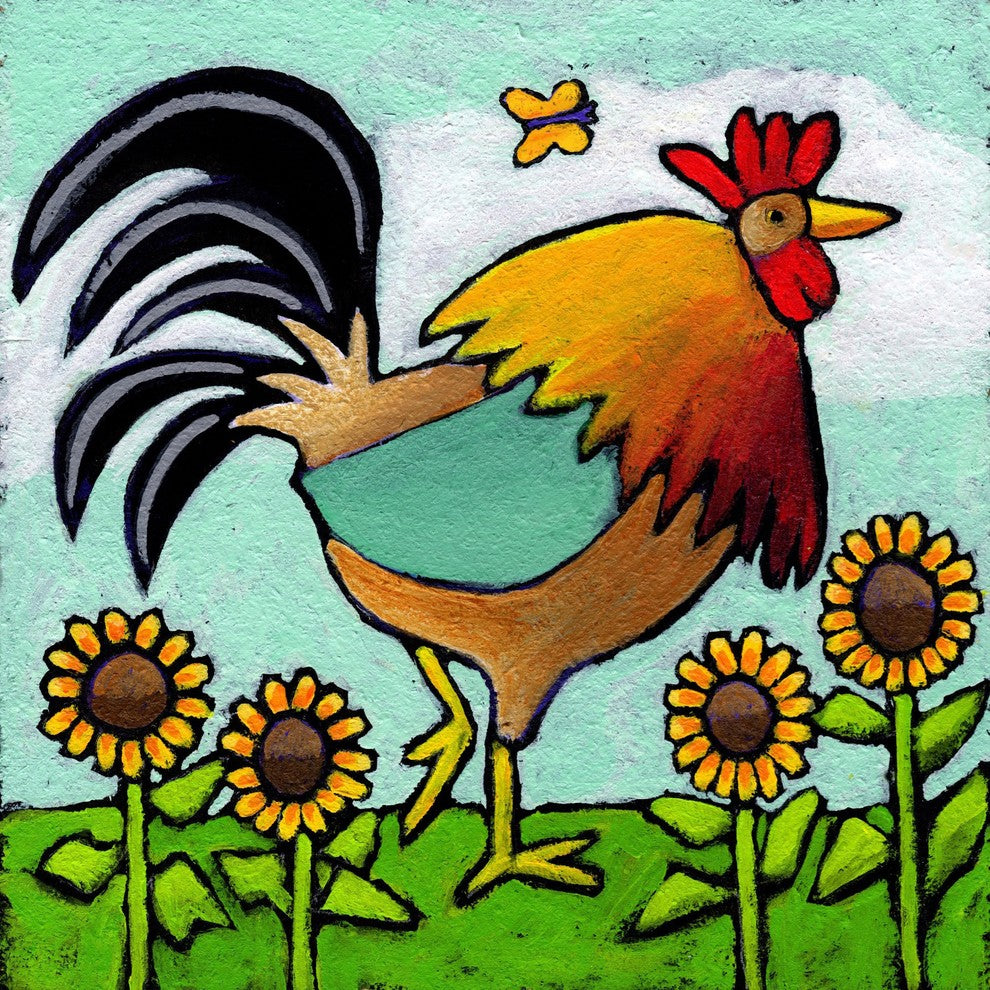"Rooster with Sunflowers" by Janet Nelson Print Wrapped Canvas, 18x18