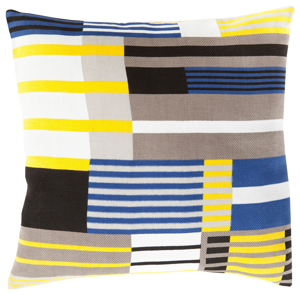 Surya Teori TO-003 18"x18" Pillow Cover, Blue/Gray/Black/Saffron/Tan