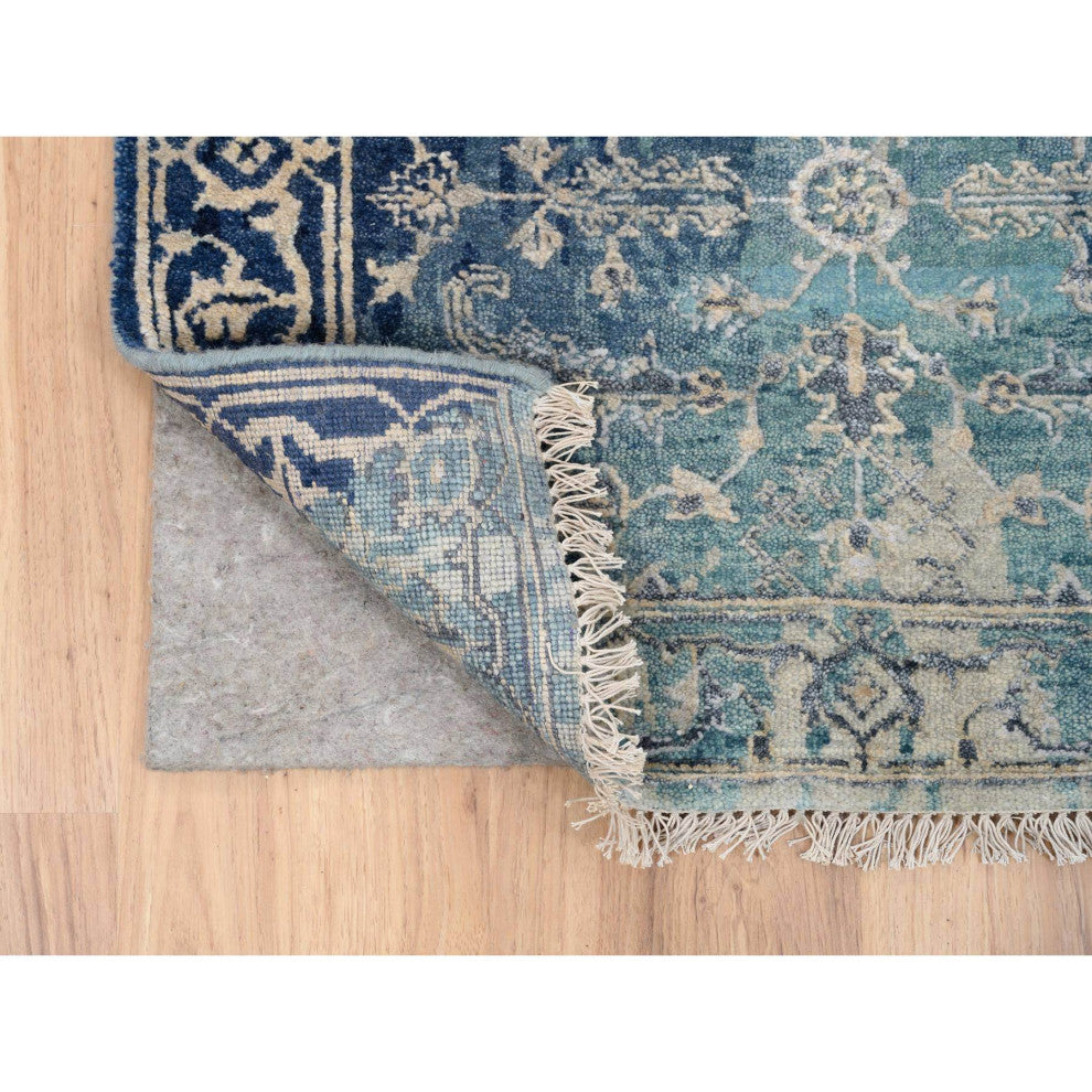 Blue/Teal Erased Wool And Silk Hand Knotted Broken Heriz Runner Rug, 2'7"x10'0"