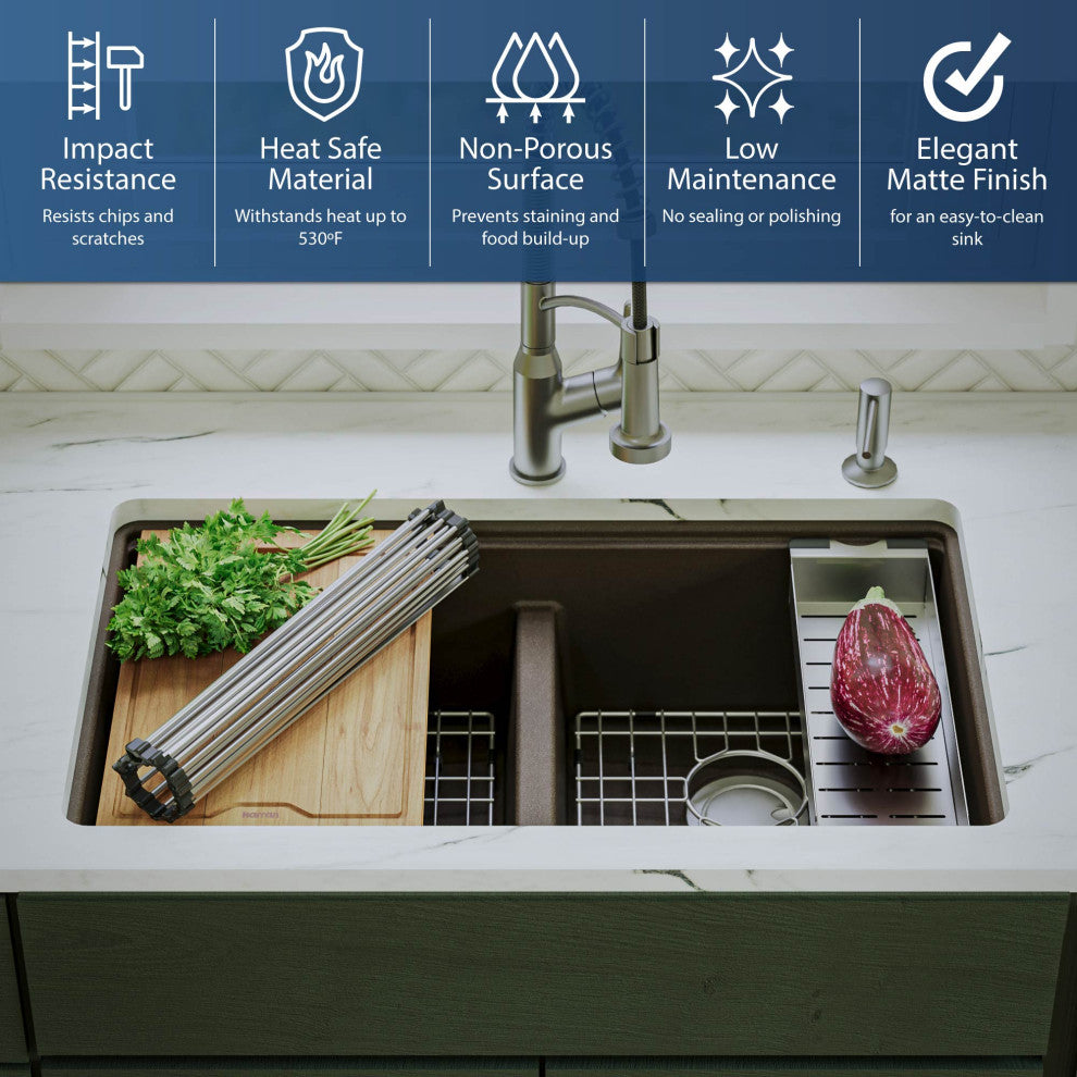 Karran Undermount 32.5 in. Double 50/50 Bowl Workstation Kitchen Sink, Brown
