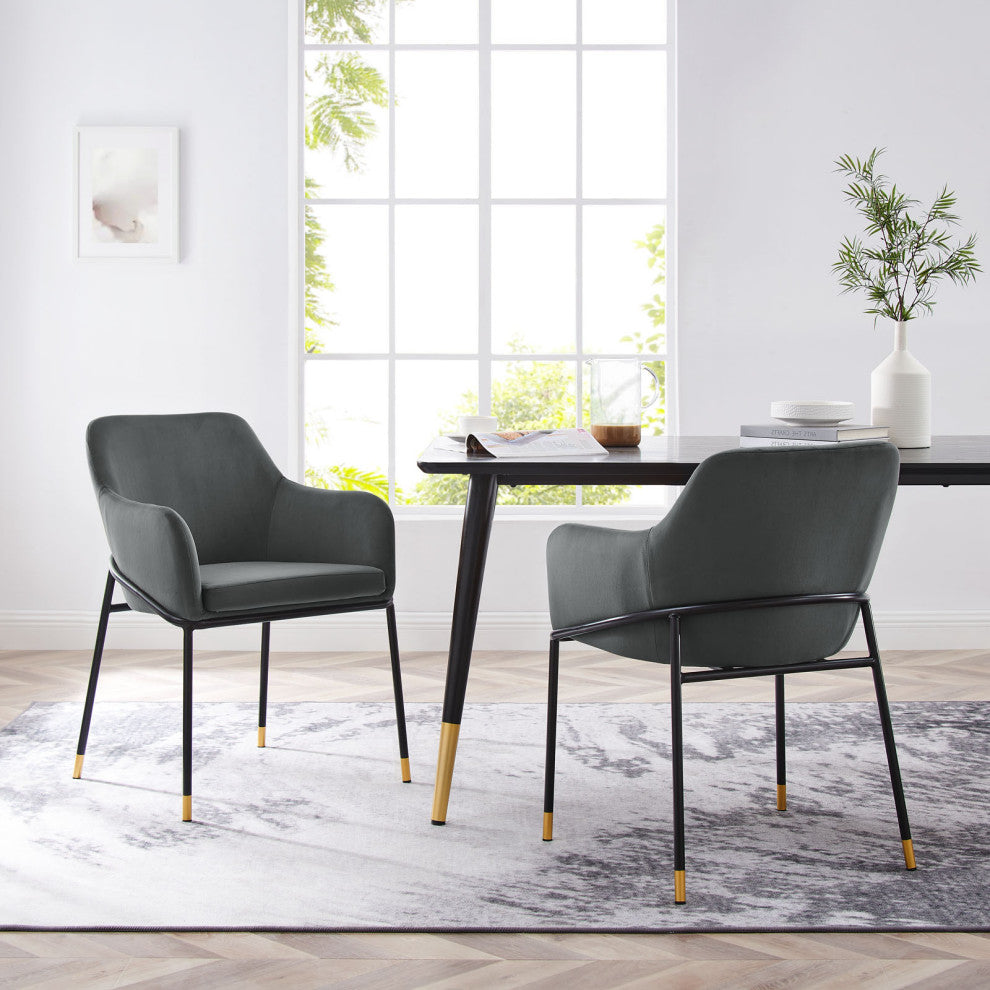 Dining Chair, Set of 2, Black Gray, Velvet, Modern Cafe Bistro Hospitality