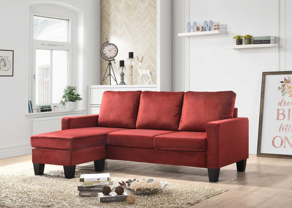 Jessica 77 in. W Flared Arm Velvet L Shaped Sofa, Burgundy