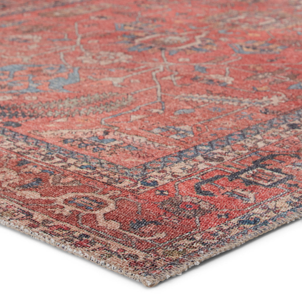 Machine Washable Galina Oriental Red and Blue Runner Rug, 6'x9'