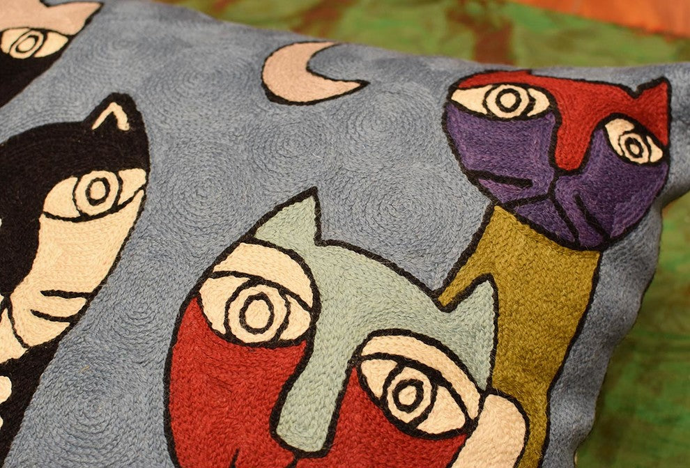Picasso Cat Pillow Cover Quadruplets II Hand Embroidered Wool 18x18"