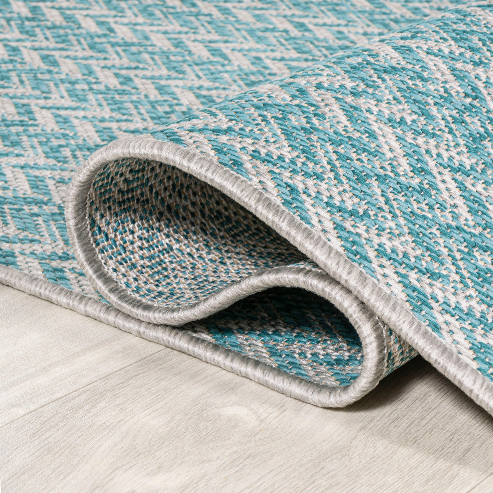 Chevron Modern Concentric Squares Indoor/Outdoor Area Rug, Aqua/Light Gray, 2x8