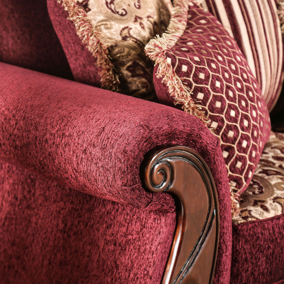 Fabric Upholstered Chair with Rolled Arms Design, Wine, Gold