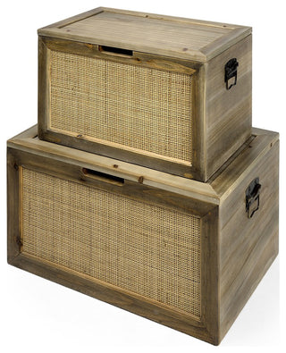 Set of Two Wood and Cane Storage Boxes