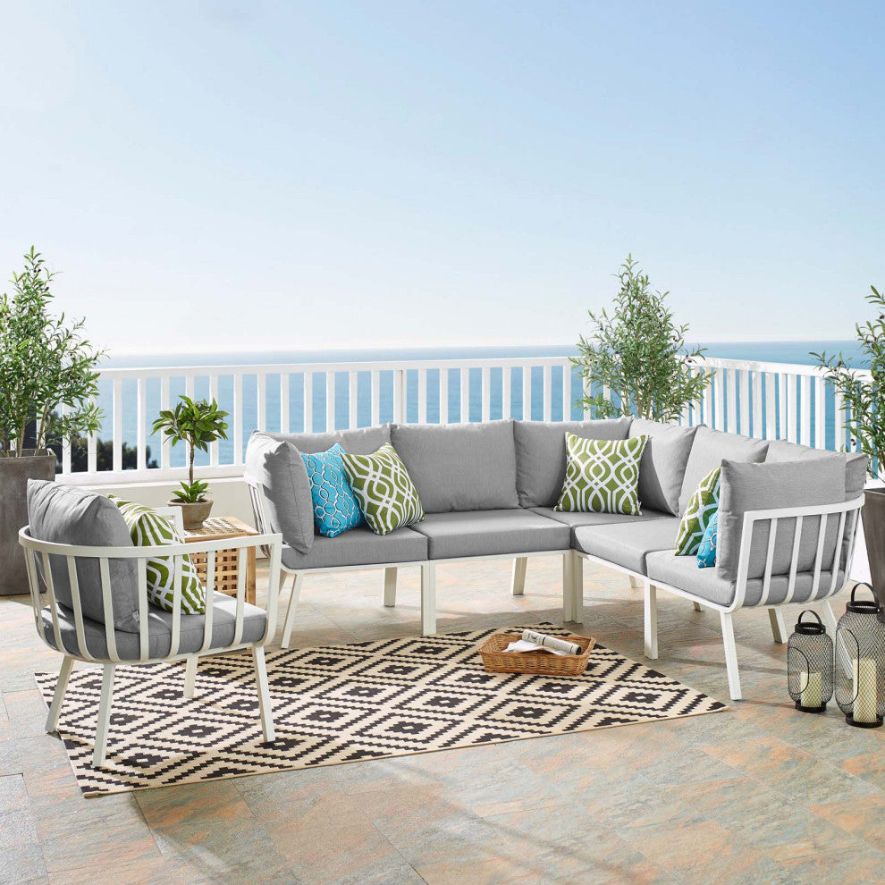 Lounge Sectional Sofa Chair Set, Aluminum, Metal, White Gray, Outdoor
