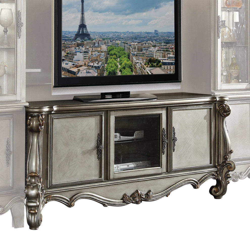 HomeRoots 21" X 74" X 31" Antique Platinum Wood Poly Resin Glass TV Console