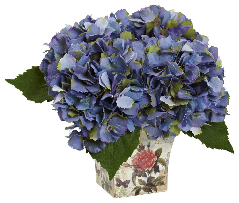 Hydrangea Silk Arrangement With Floral Planter, Blue