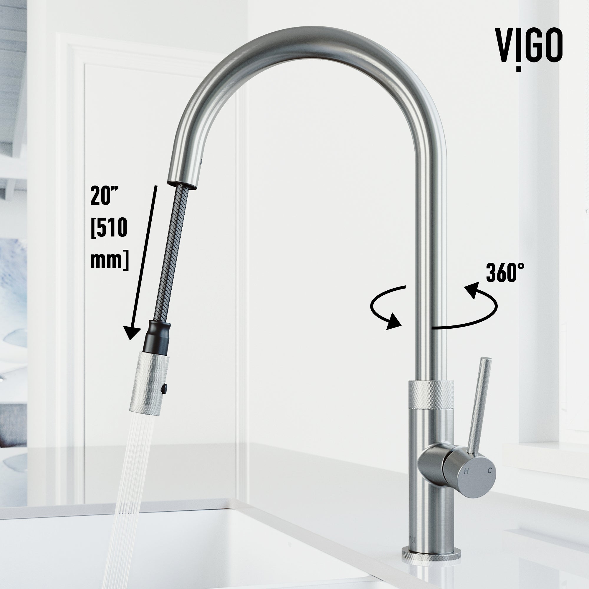 VIGO Bristol 19" H Single Handle Pull-Down Sprayer Kitchen Faucet, Stainless Steel, Without Extras