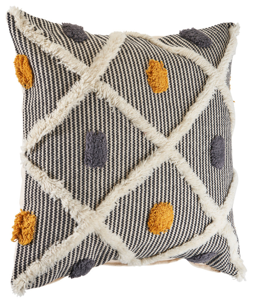 Striped and Tufted Multicolored Throw Pillow