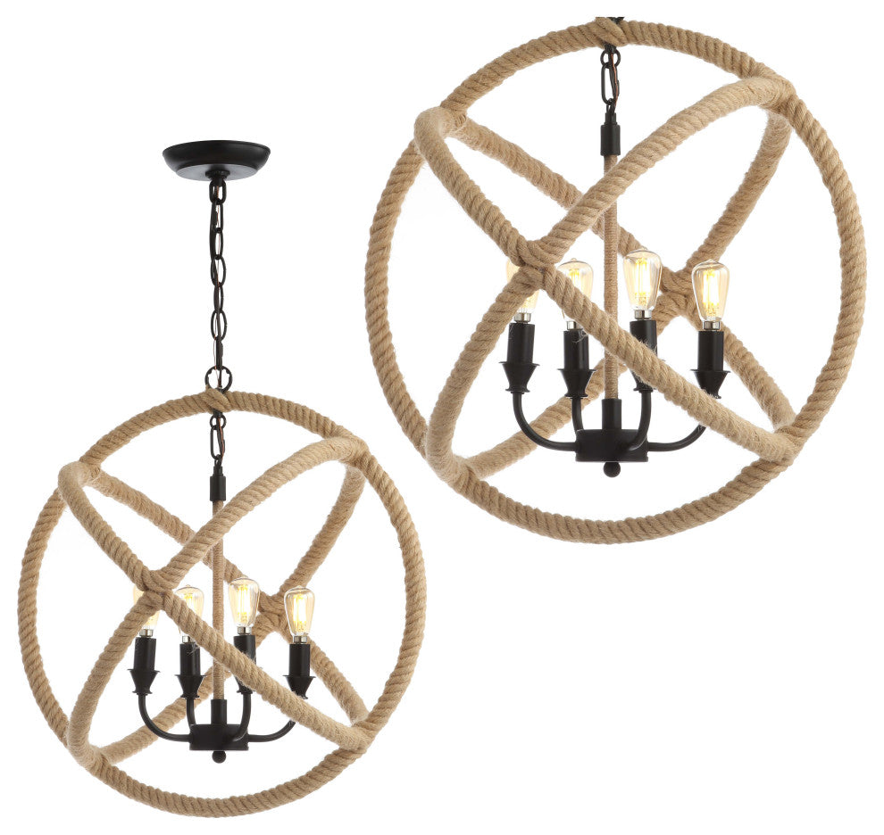Soka 4-Light 20" Adjustable Rope Globe LED Chandelier, Black and Brown