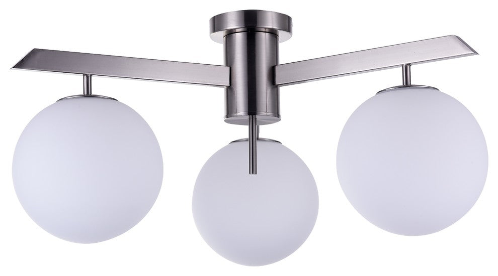 Flush Mount With Milk White Glass Globes, Shiny Nickel