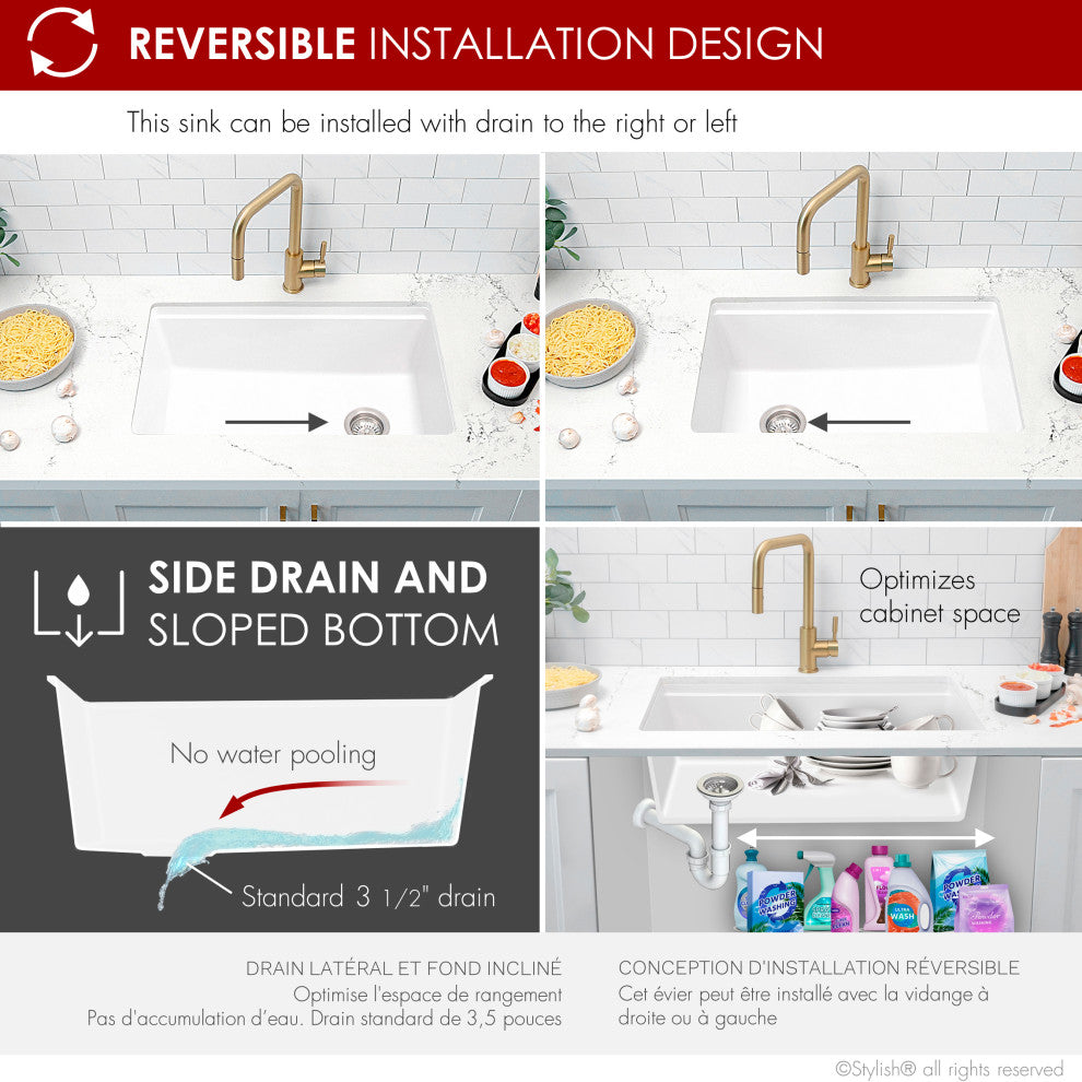 Stylish 28" Dual Mount Single Bowl White Granite Kitchen Sink
