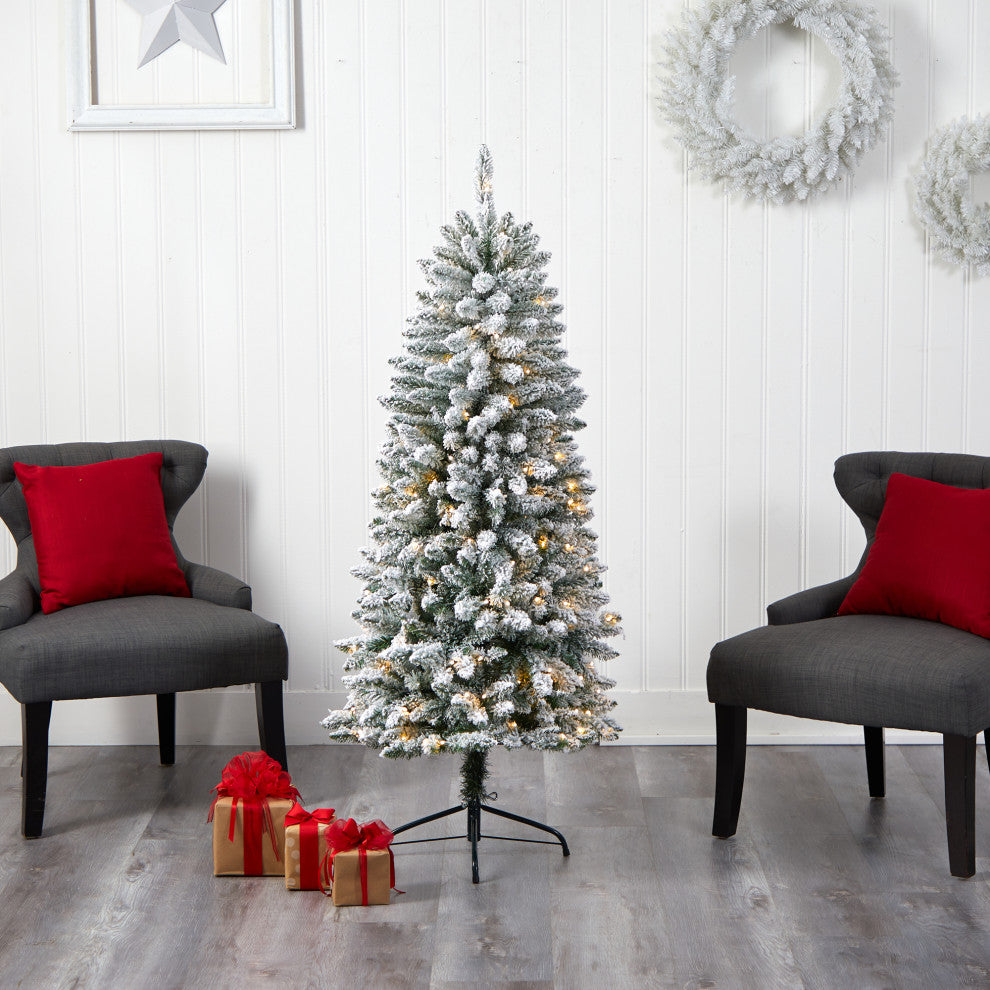 5' Slim Flocked Montreal Fir Artificial Christmas Tree, 150 Warm White LEDs