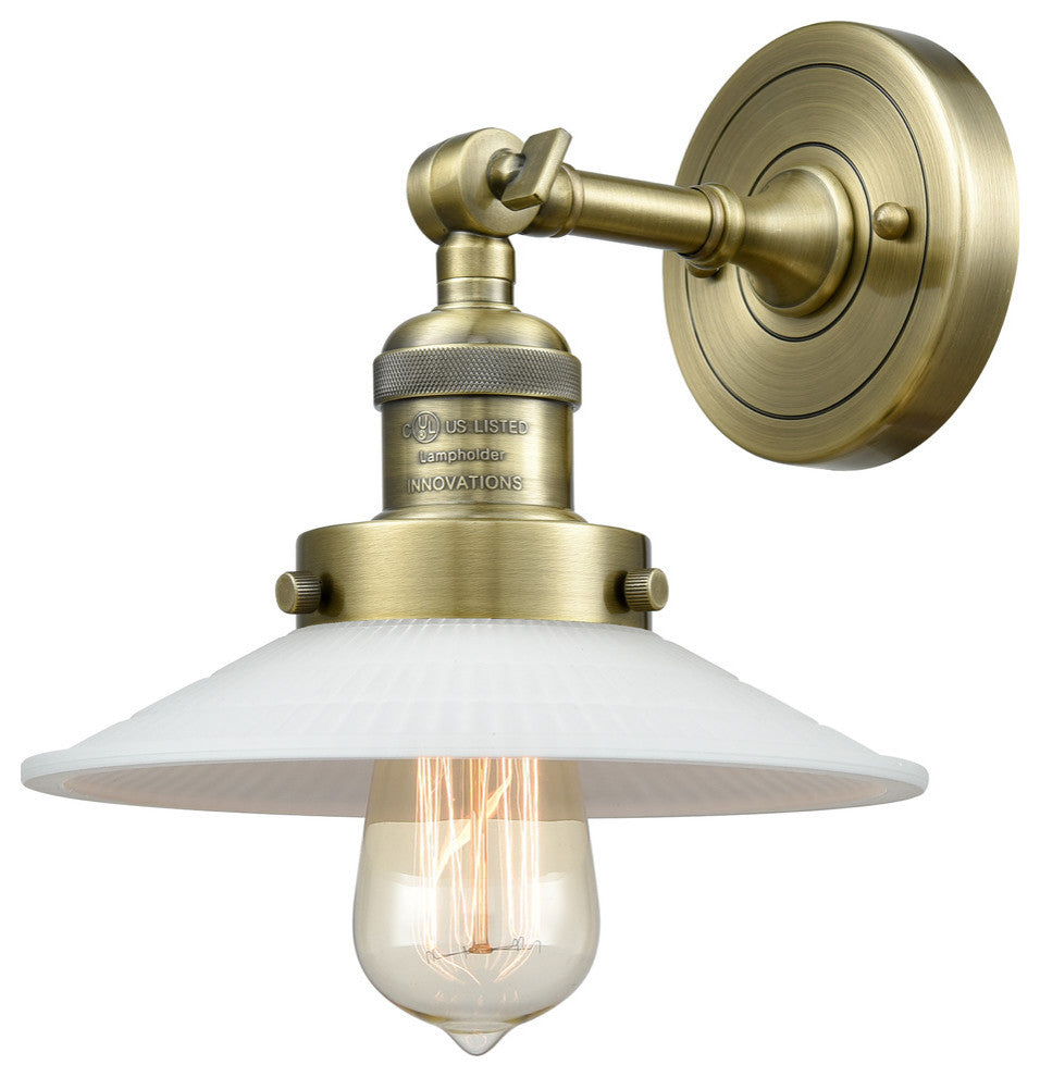 Halophane 1-Light Sconce, Antique Brass, Matte White Halophane
