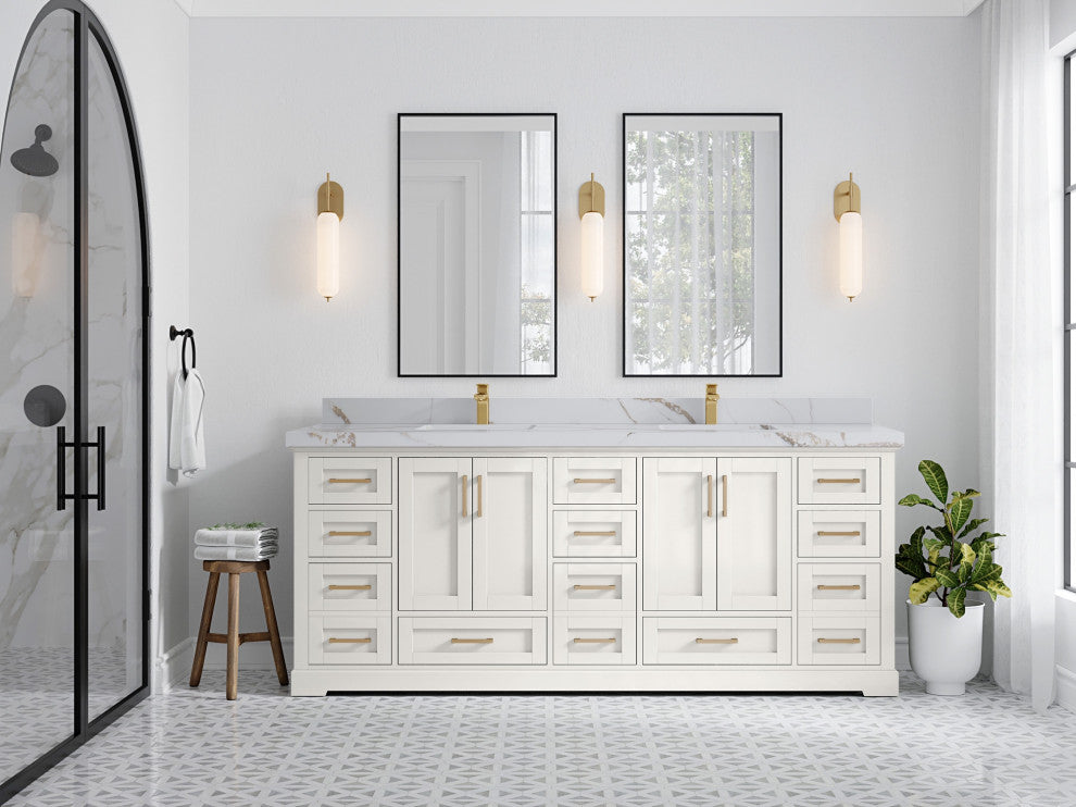 Boston 84" Double Sink Bath Vanity in Alabaster 2" Calacatta Gold