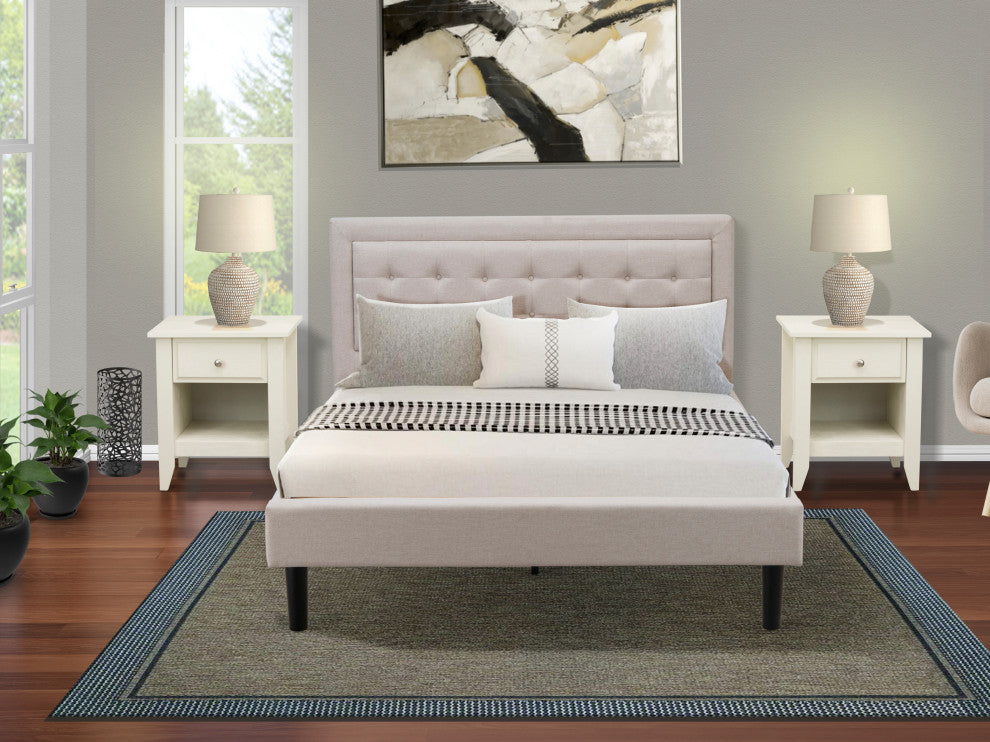 3Pc Fannin Bedroom Set, 1 Queen Size Bed, 2 Nightstands, Mist Beige