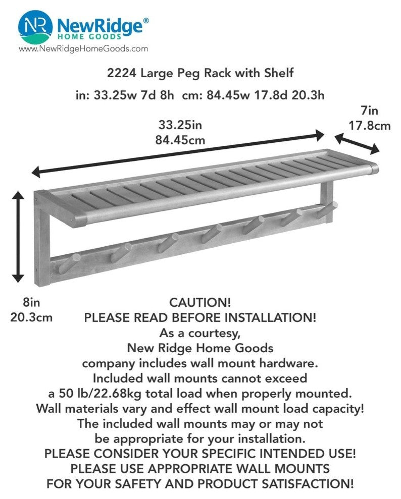 Abingdon Solid Birch Wood Large Peg Rack With Shelf, Espresso