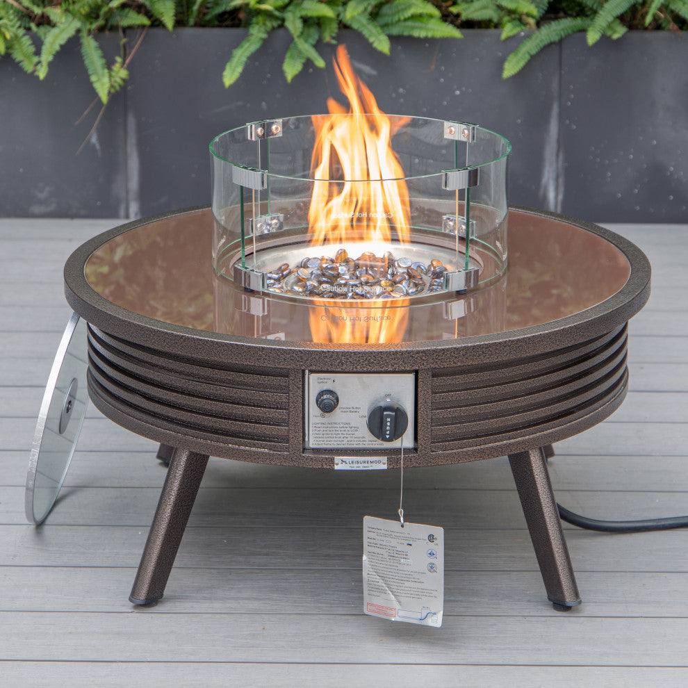 Leisuremod Walbrooke Patio Round Fire Pit Table With Aluminum Slats Frame, Brown