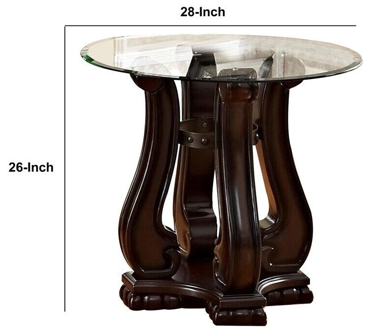 Benzara BM241377 End Table With Round Glass Top and Scrolled Body, Brown