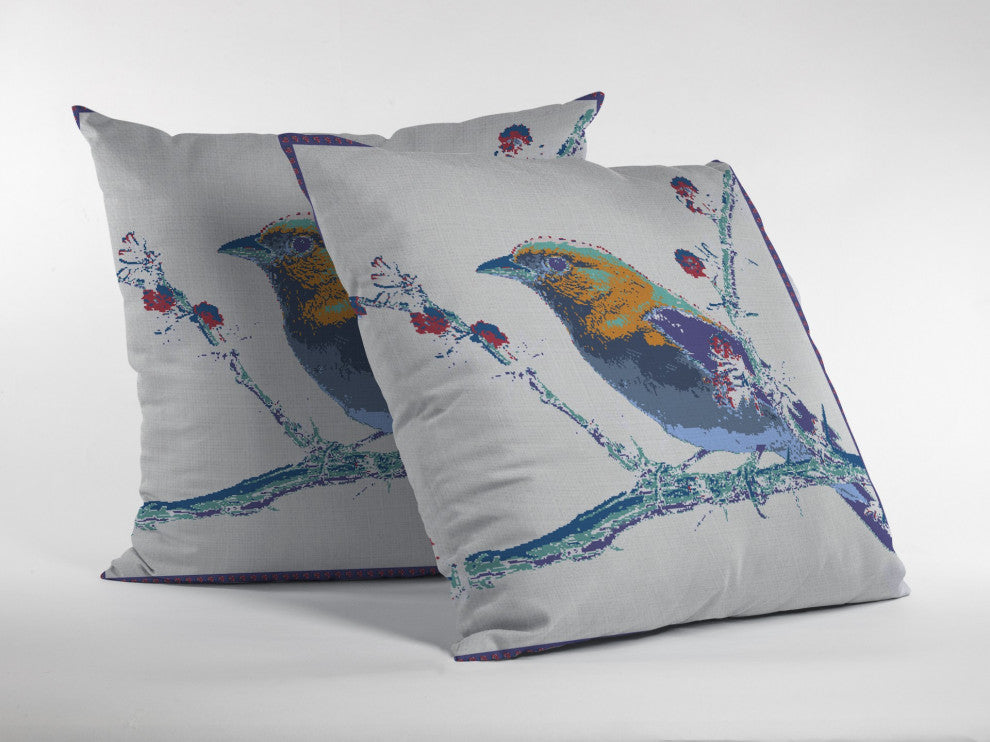 16" Blue White Robin Suede Throw Pillow