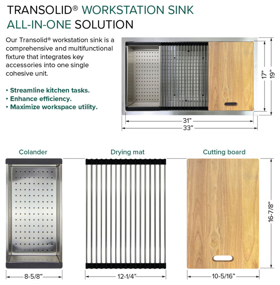 Transolid 33x19x10" Undermount Stainless Steel Workstation Sink