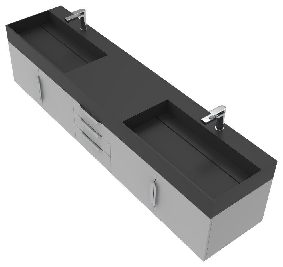 CastelloUSA Amazon 84" Wall Mounted Bathroom Vanity Set, Gray, Black Top, Brushed Nickel