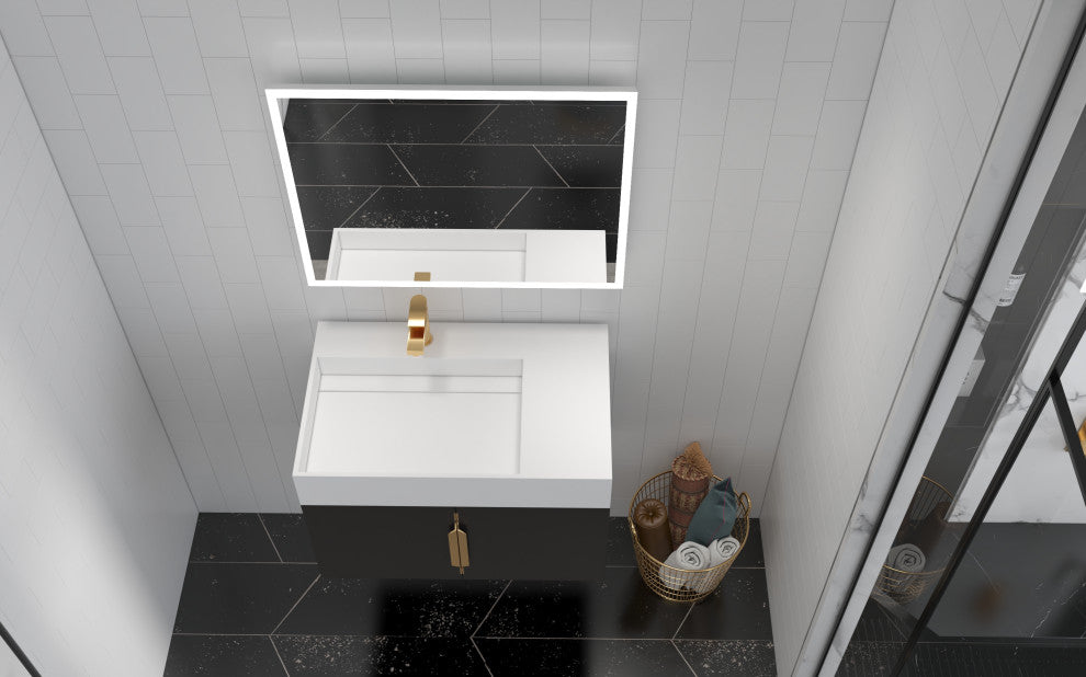 CastelloUSA Amazon 30" Left Wall Mounted Bathroom Vanity Set, Black, White Top, Gold Handles