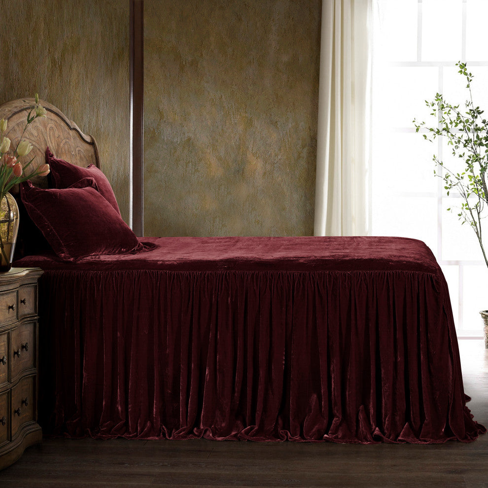Stella Faux Silk Velvet Bedspread Set, 3PC, Garnet Red, Twin