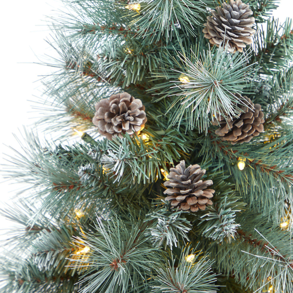 3.5' Frosted British Columbia Pine Faux Xmas Tree W/Lights, Pinecones